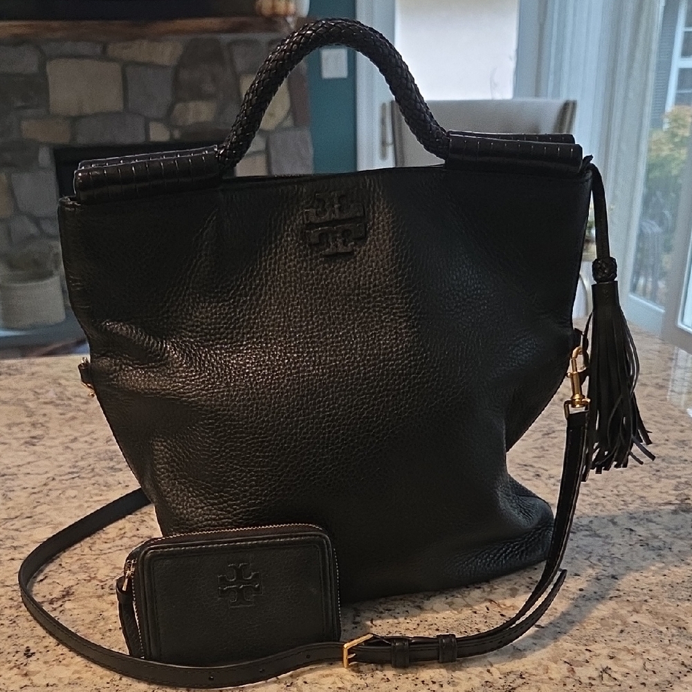 Tory Burch Black Leather Shoulder Bag with Tassel